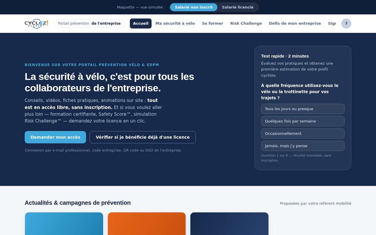 Portail salarié Cyclez Academy — prévention, Safety Score individuel